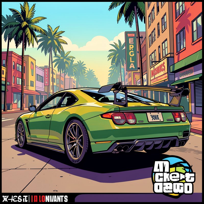 Modified lime green sports coupe parked on a palm-lined sunlit downtown city street in retro cart...