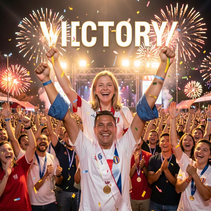 Joyful winning team and crowd celebrate victory with confetti and fireworks at a night outdoor event