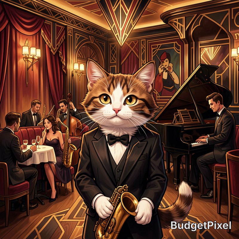 Calico cat in a black tuxedo playing the saxophone in a vibrant jazz club.