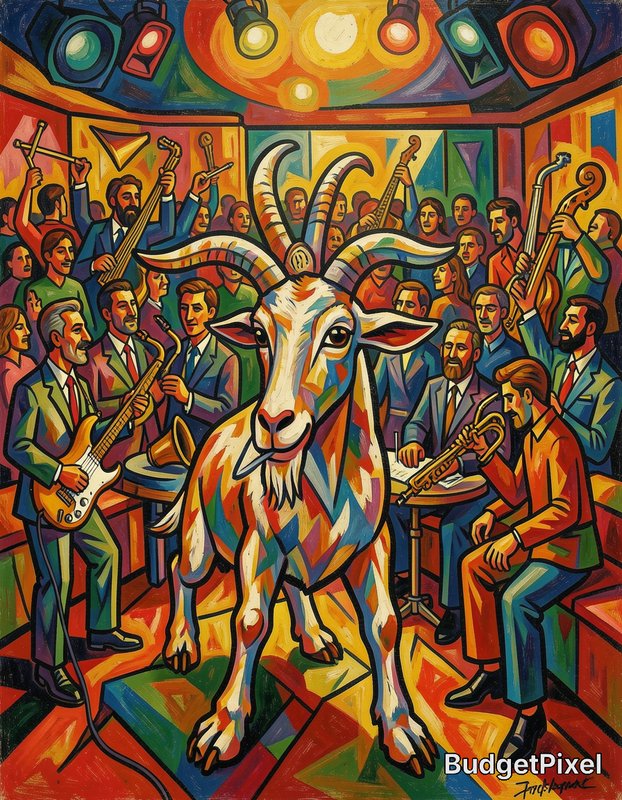 Colorful cubist-style painting of a white goat on a lively stage with a full band of musicians