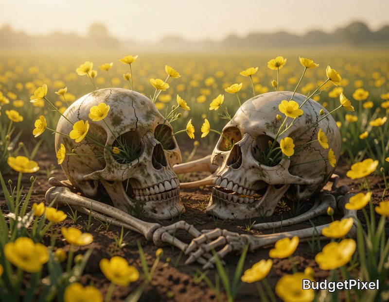 Two weathered skulls lying in a yellow flower field at sunset.
