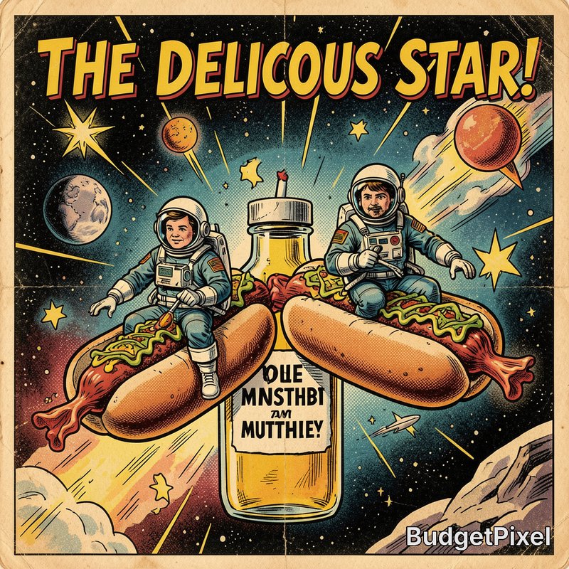 Vintage retro comic art of two astronauts riding giant loaded hot dogs through outer space, title...