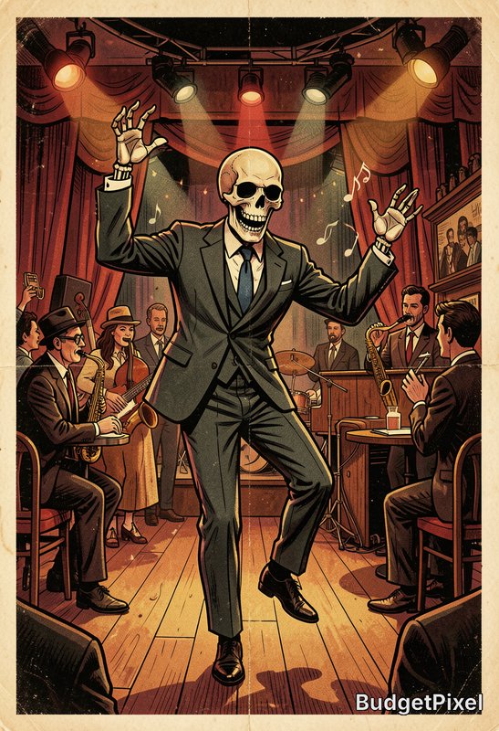 Dapper grinning skeleton in a formal suit dances on a vintage jazz club floor in front of a live ...