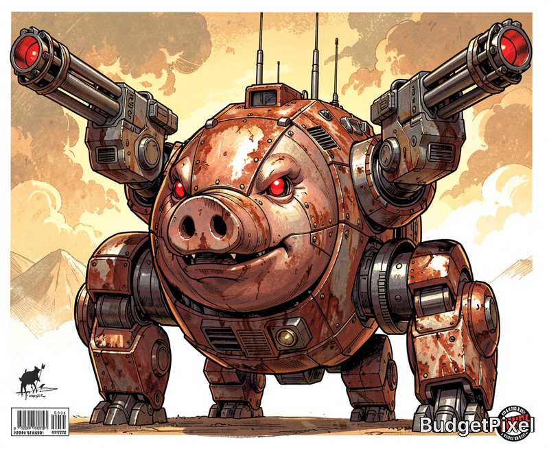 Rust-covered battle pig mech robot with dual rotary cannons stands in a smoky desert, comic book ...