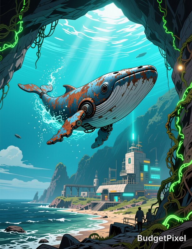 Stylized sci-fi anime art of a rusted robotic whale emerging from a glowing cave overlooking a fu...