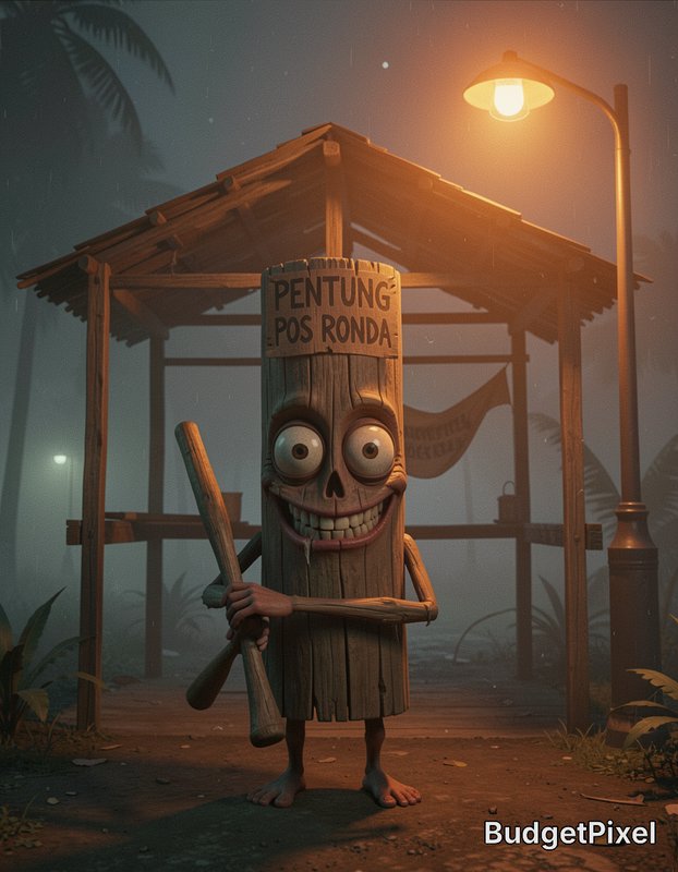 Anthropomorphic wooden pos ronda guard character holding a bat stands outside a foggy rural neigh...