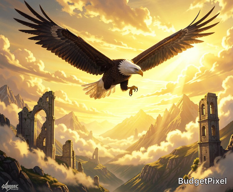Majestic bald eagle mid-flight over ancient mountain stone ruins, backlit by glowing golden sunse...