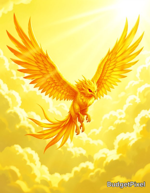 Glowing golden phoenix with spread outstretched wings soars above fluffy sunlit golden clouds und...