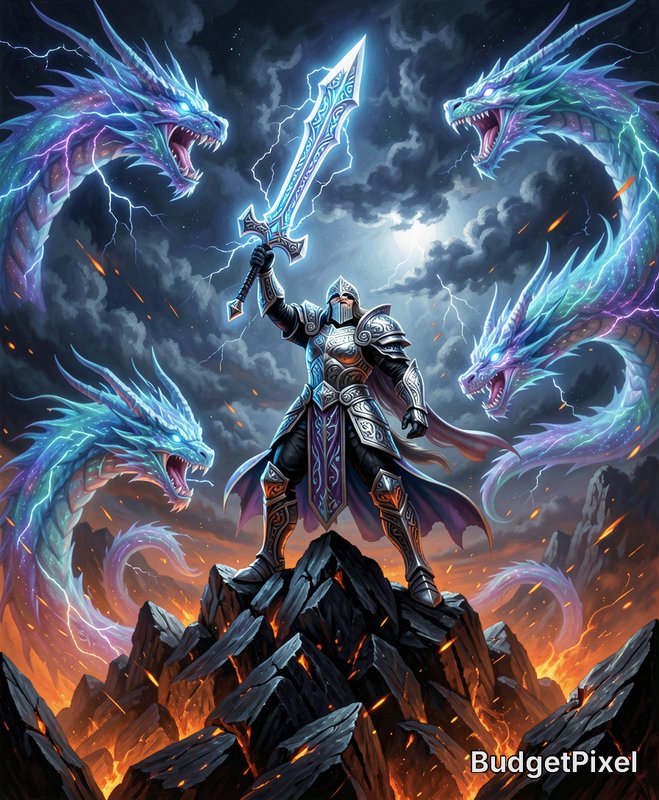 Ornate armored knight holds a glowing lightning sword atop a fiery peak, surrounded by 4 iridesce...