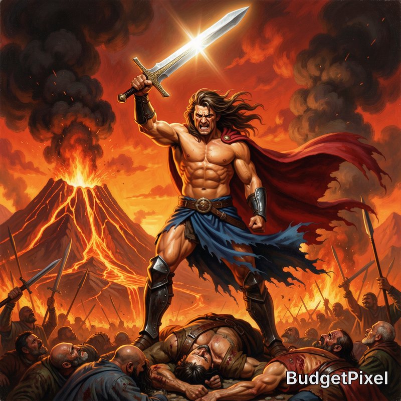 Muscular barbarian warrior raises glowing enchanted sword triumphantly on a fiery erupting volcan...