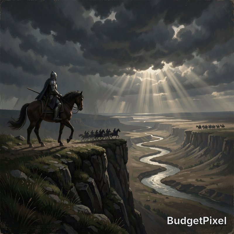 Armored knight on horseback stands on a cliff edge, overlooking canyon armies as sunbeams pierce ...