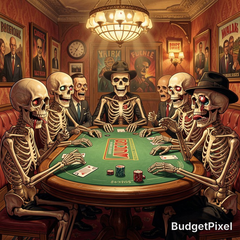 Surreal cartoon illustration of grinning skeletons playing poker around a green felt table in a v...