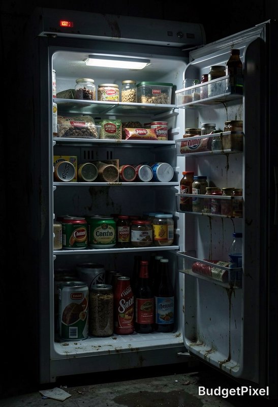 Open grimy overflowing refrigerator lit by internal light, stuffed with canned, jarred, and packa...
