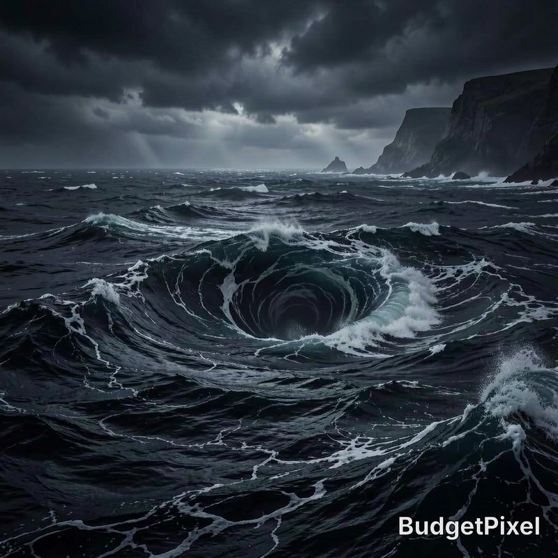 Massive swirling ocean whirlpool sits in a stormy dark sea beneath heavy storm clouds next to roc...
