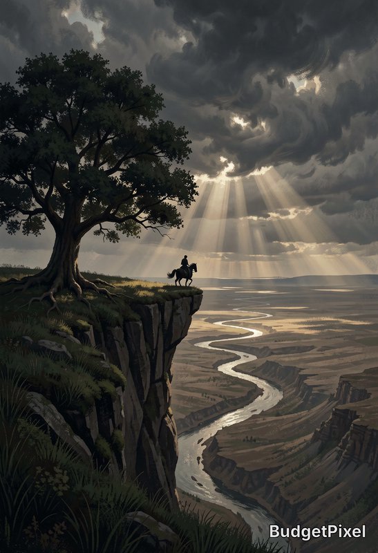 Silhouetted horseback rider on cliff edge beside ancient oak, overlooking a winding canyon as sun...