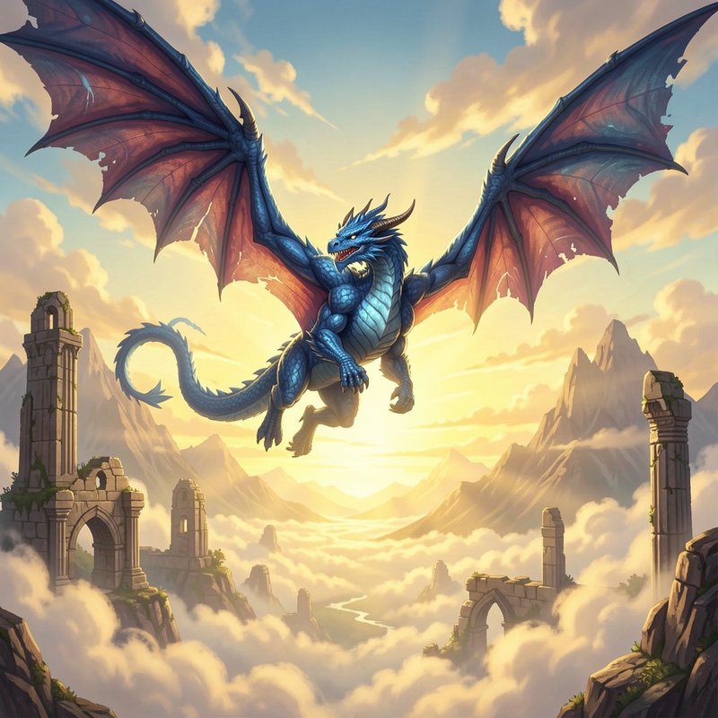 Majestic blue scaled dragon with tattered red wings flies above ancient stone ruins over a sea of...