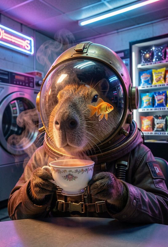 Capybara wearing vintage astronaut helmet holds steaming teacup, goldfish inside visor, neon laun...