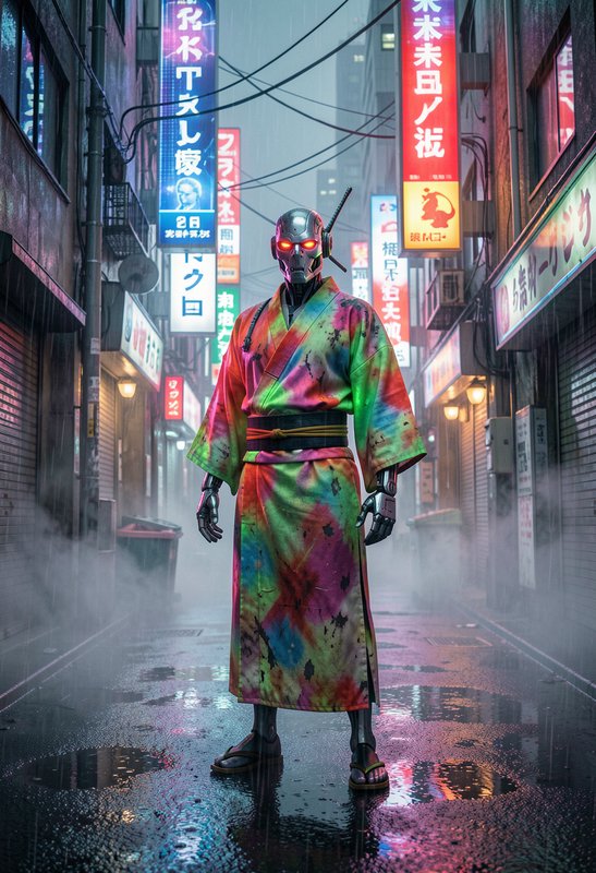 Humanoid robot with glowing red eyes wears a colorful tie-dye kimono, standing in a rainy neon-li...