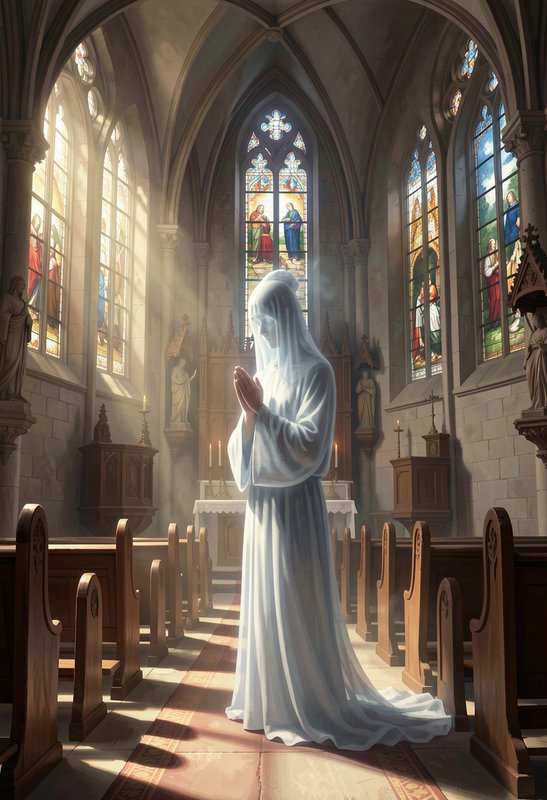 Ethereal veiled praying figure stands in a sunlit Gothic church lined with pews and colorful stai...