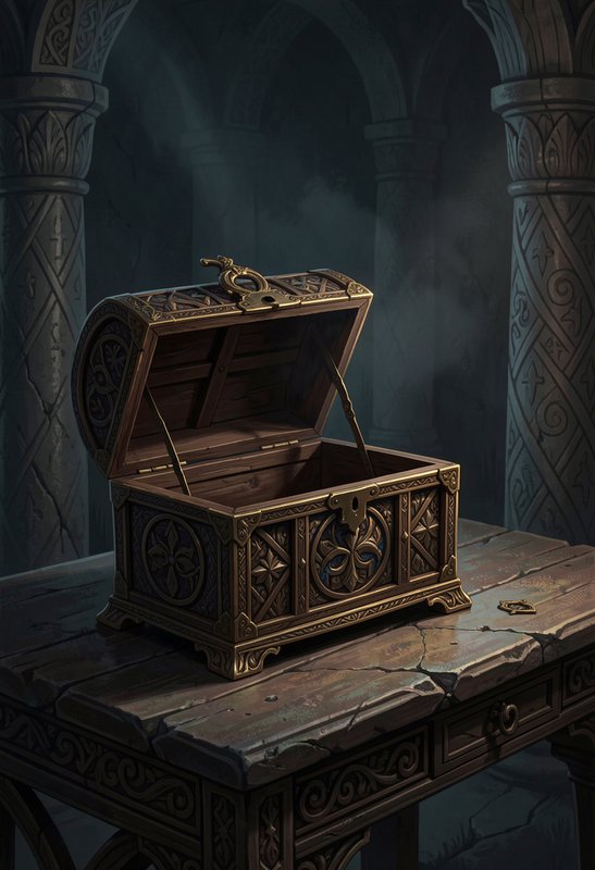 Open ornate carved wooden treasure chest sits on a weathered table inside a misty ancient stone d...
