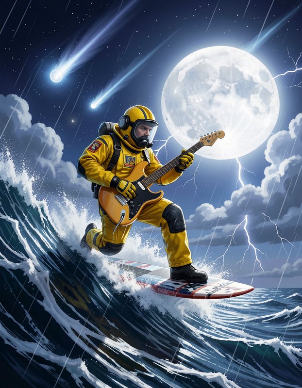 Astronaut in yellow spacesuit surfs stormy ocean waves playing electric guitar beneath a glowing ...