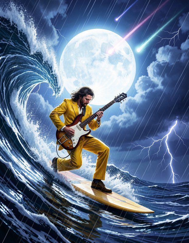 Man in bright yellow suit plays electric guitar while surfing stormy ocean waves beneath a glowin...