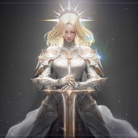 Serene holy female knight with glowing spiked halo clasps an ornate greatsword, eyes closed in qu...