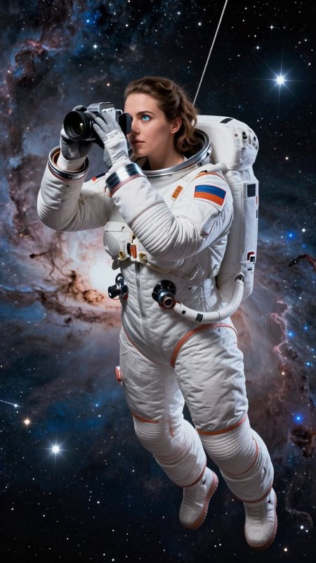 Female astronaut in a white spacesuit using a camera in outer space.