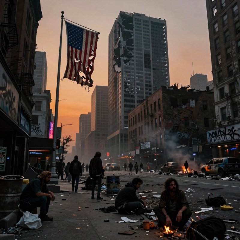 Torn American flag hanging over a ruined city street at dusk amid smoke and debris.