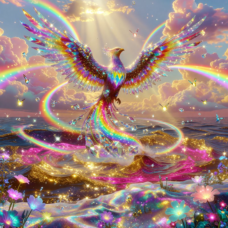 Iridescent rainbow phoenix rising over a glittering ocean with rainbow arcs and sparkling flowers