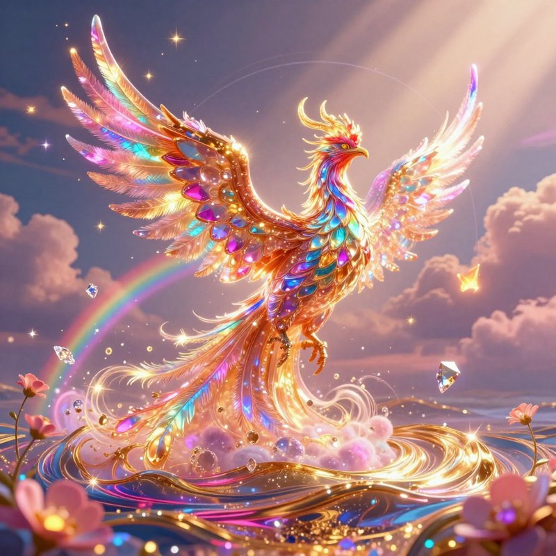 Colorful rainbow-feathered phoenix perched above swirling golden waves in a dreamy sky.