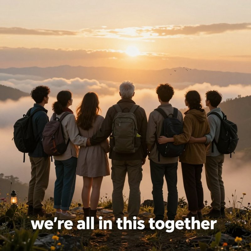 Group of diverse young friends with backpacks standing together at sunset over mountains