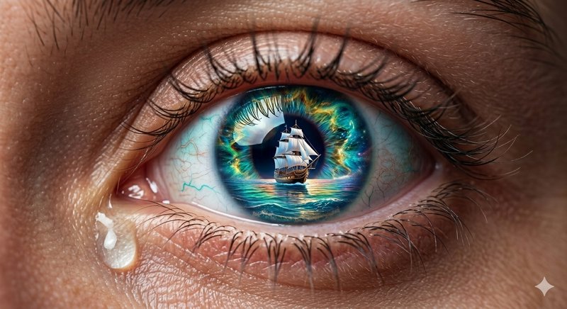 Close-up of an eye with a sailing ship reflected in the iris, vivid teal and blue tones.