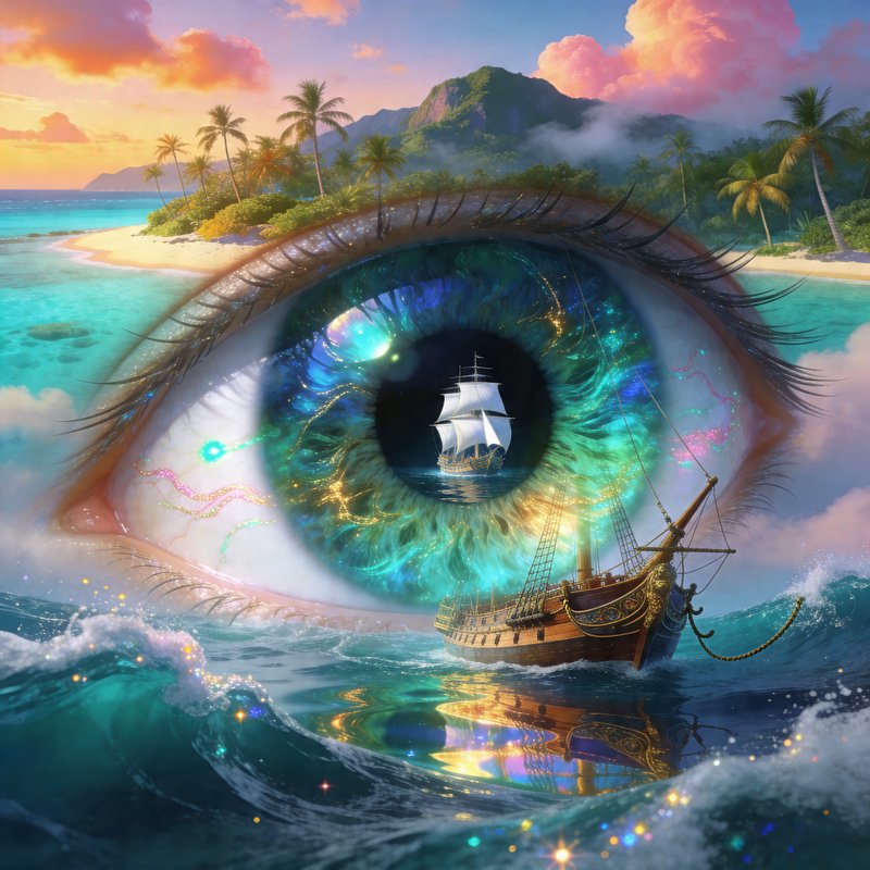 Surreal eye with a sailing ship reflected in the iris over a tropical seascape.