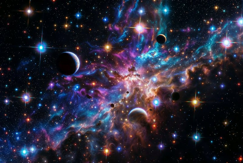 Colorful interstellar nebula with stars and planets in deep space