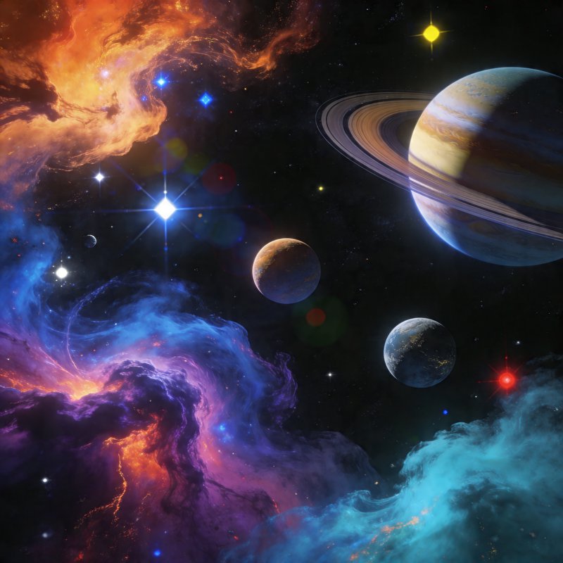 Colorful nebulae and multiple planets with a ringed giant in deep space