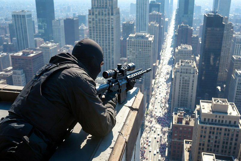 Masked sniper in tactical gear aiming from a rooftop overlooking a dense city skyline.