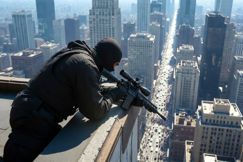Tactical operative on a rooftop with a rifle overlooking a dense city skyline.
