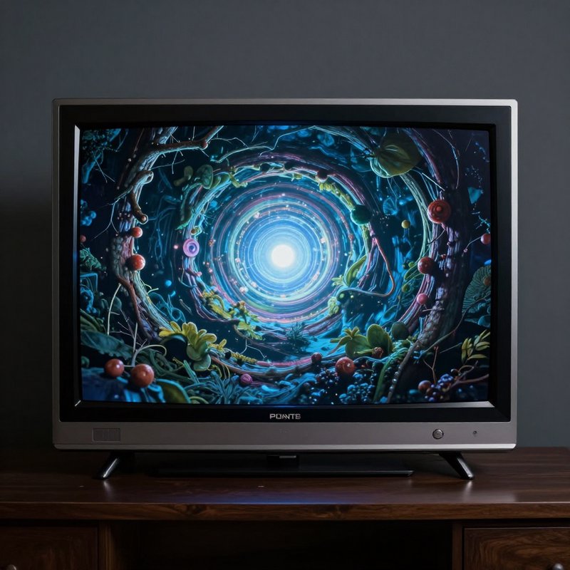 Retro CRT television showing a vibrant swirling blue tunnel with colorful plants and berries.