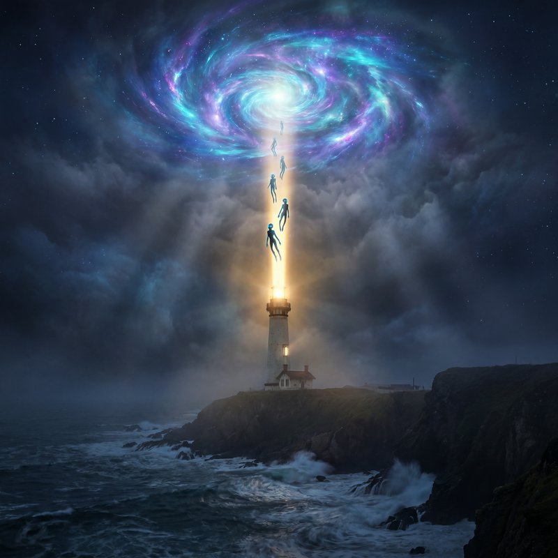 Lighthouse on rugged coast shoots a golden beam with silhouettes climbing toward a colorful spira...