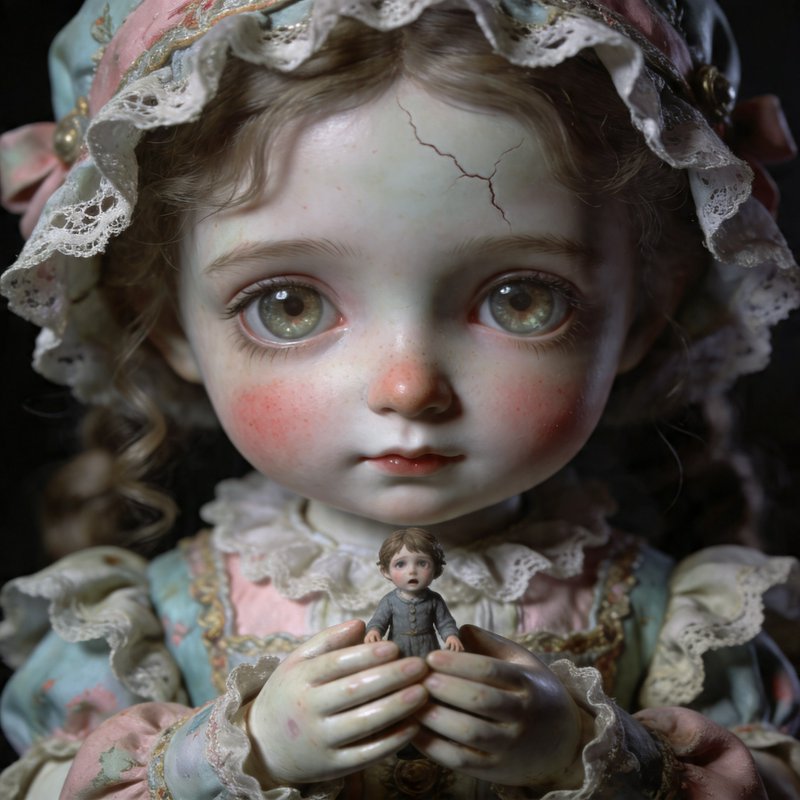 Fine porcelain doll with cracked forehead, rosy cheeks, lace bonnet, holding a tiny doll in delic...