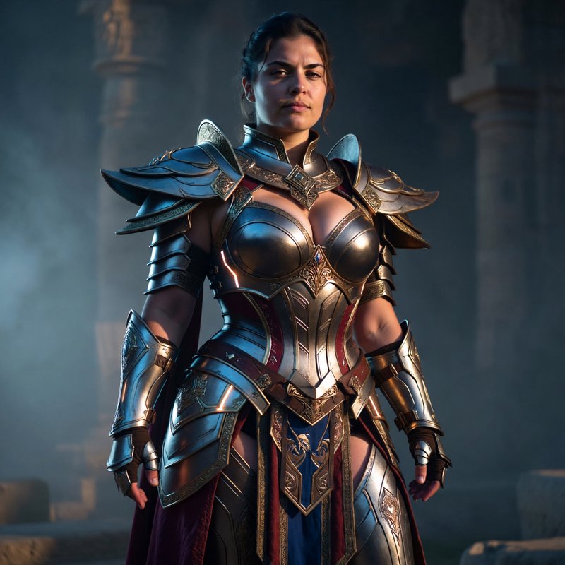 Female armored warrior in ornate metal armor with blue and gold detailing in a dim fantasy setting