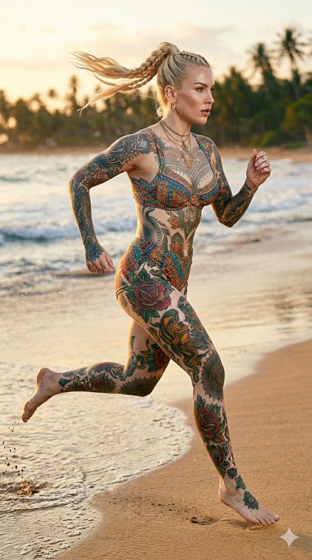 Tattooed woman running on a tropical beach at sunset in a colorful bikini.