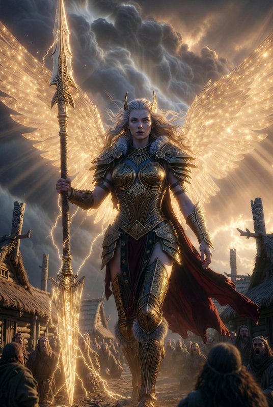 Golden-winged armored warrior woman with a spear leading a fiery army.