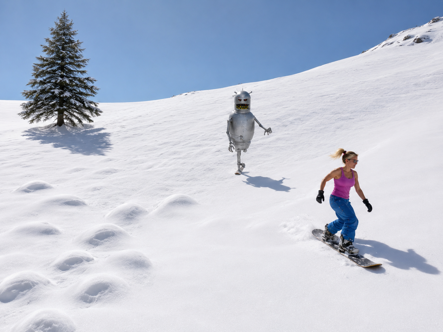 Snowboarder in pink top and blue pants glides down a snowy slope with a silver robot behind under a clear blue sky.