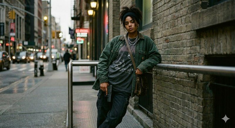Young person leaning against a railing on a city sidewalk wearing a green jacket and graphic tee.