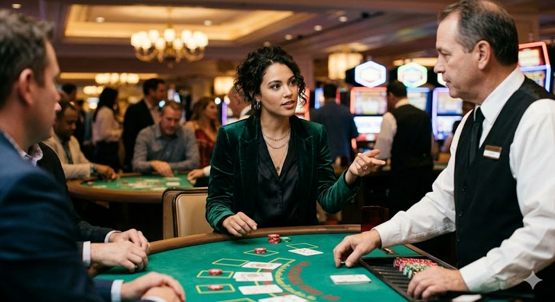 Woman in a green blazer at a casino blackjack table speaking with the dealer.