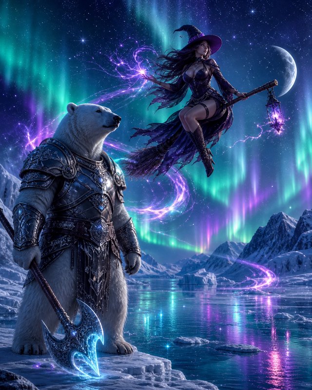 Armored polar bear warrior with glowing battle-axe beside a flying sorceress under the aurora bor...