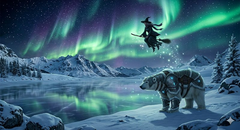 Fantasy scene of a witch on a broom above an armored polar bear in a snowy Arctic landscape under...