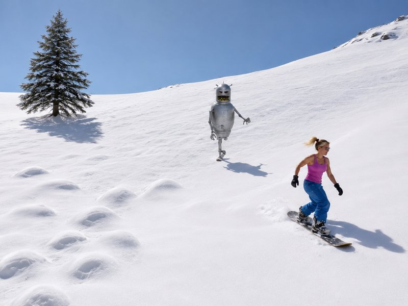 Snowboarder in pink top and blue pants glides down a snowy slope with a silver robot behind under...